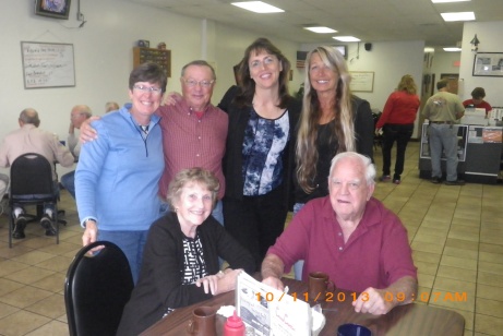 Lorraine, Phil, Karen and Diane standing, Beverly and Tom Love at Kountry Kitchen
