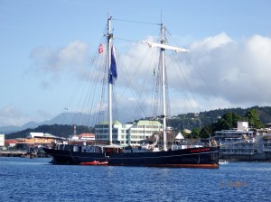 Pirate ship in front of downtown Roseau, Dominica
