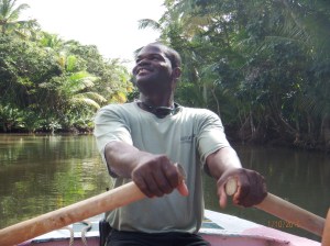 No outboards allowed on the river.  Martin rowing against a 4kt current.