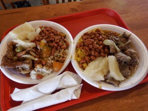 Chicken for Phil, Pork for Lorraine with Puerto Rican beans and rice with strange vegetable.
